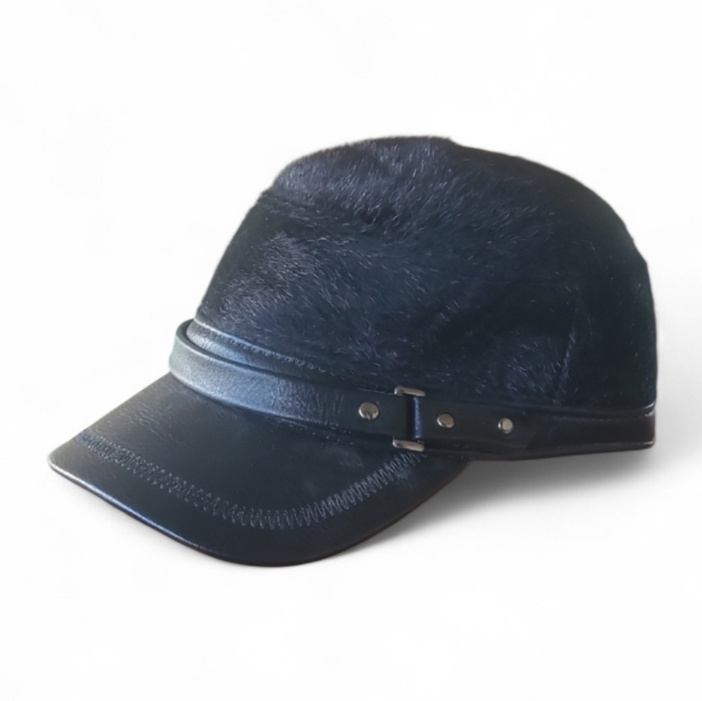 Black Faux Fur and Leather Cap